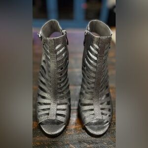 Aphrodite Open Toe Pewter Heels from Vince Camuto.